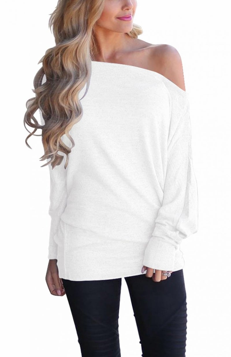 Lacozy Women's Off Shoulder Pullover Sweater Batwing Long Sleeve Tunic Tops Shirts Oversized Sweatshirts White L - Image 1